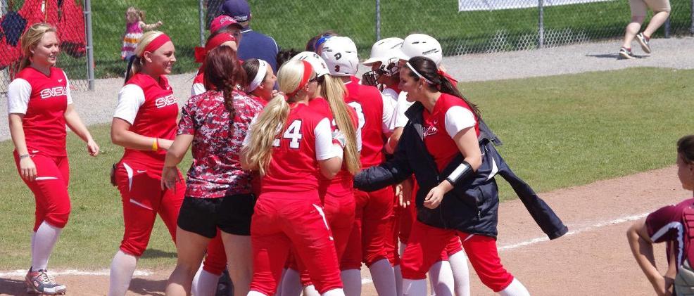 The SVSU Softball team celebrates a walk-off victory over Walsh in game one